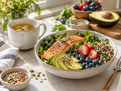 Balanced meal with salmon, avocado, berries, greens and seeds
