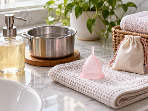 Menstrual cup with soap, clean towel and sanitizing pot for cup care