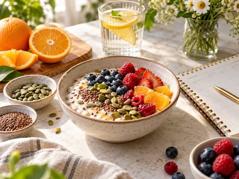 Fresh breakfast bowl with berries, citrus and seeds beside a cycle planner
