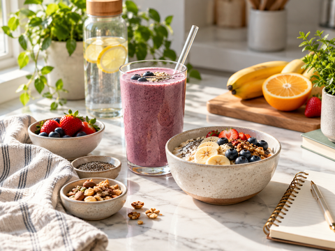 Berry smoothie, breakfast bowl, fruit and seeds in a bright kitchen
