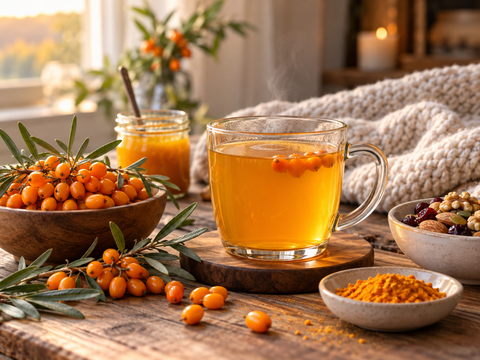 Warm sea buckthorn tea with fresh orange berries in a cozy wellness setting