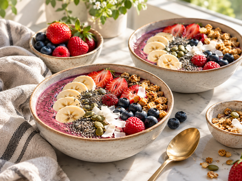 Berry smoothie bowls topped with banana, strawberries, blueberries, seeds and granola