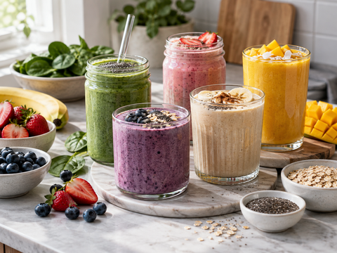 Five colorful smoothies made with berries, greens, mango, banana and seeds