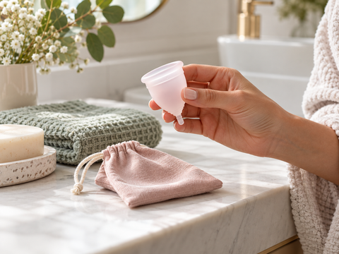 Hand holding a menstrual cup beside a storage pouch in a clean bathroom setting
