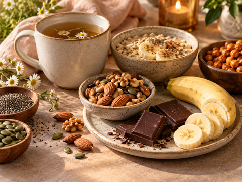 Warm herbal tea with nuts, seeds, banana and dark chocolate