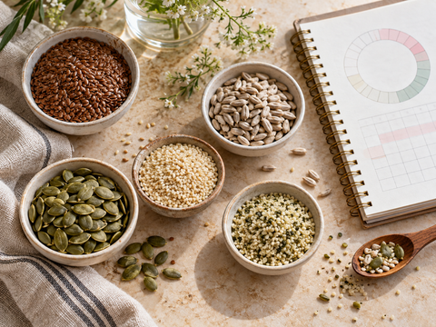 Flax, pumpkin, sesame and sunflower seeds arranged beside a cycle planner