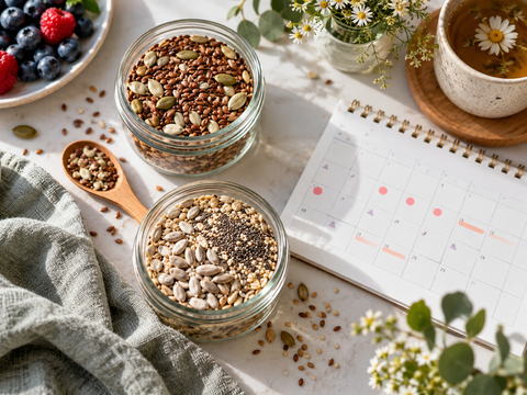 Jars of seed cycling ingredients beside a menstrual cycle calendar