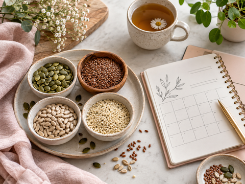 Seed cycling ingredients with a cycle planning notebook and herbal tea