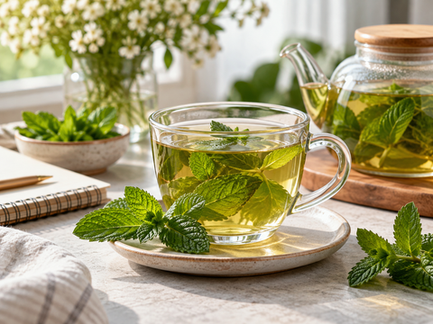 Fresh spearmint tea with mint leaves in a bright morning setting