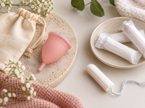 Menstrual cup and tampons arranged side by side for period care comparison