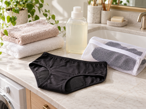 Period underwear with gentle detergent, laundry bag and fresh towels